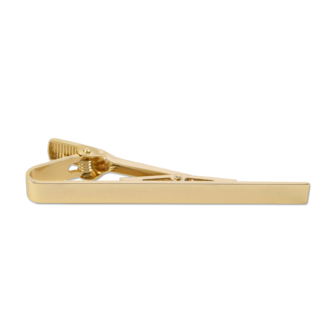 Sleek guld slipsklemme med hængselmekanisme, vist mod en hvid baggrund